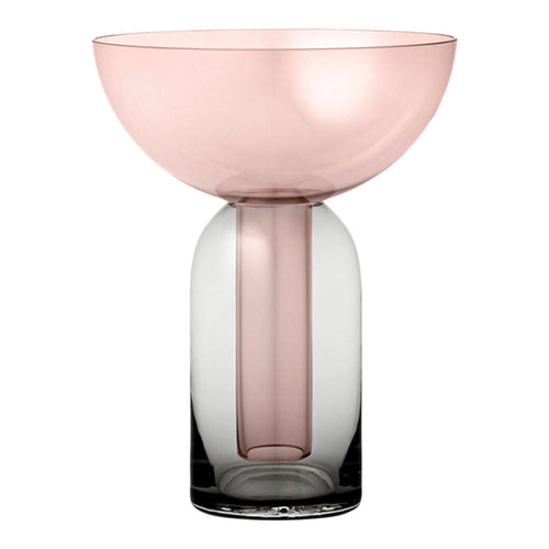 Pink and clear gradient glass vase with round bowl top and cylindrical base design. Elegant and modern decor piece.