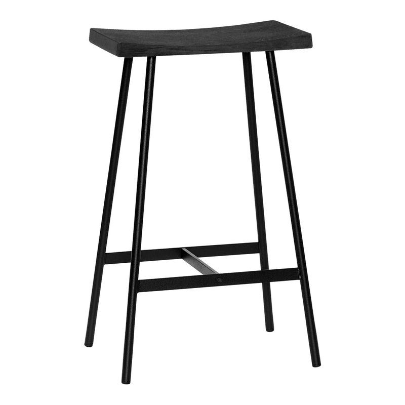 Black wooden bar stool with a sleek, curved seat and minimalist metal legs for a modern touch.