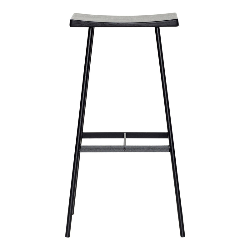 Sleek black bar stool with a smooth gray seat, featuring minimalist design and clean lines. Perfect for modern spaces.