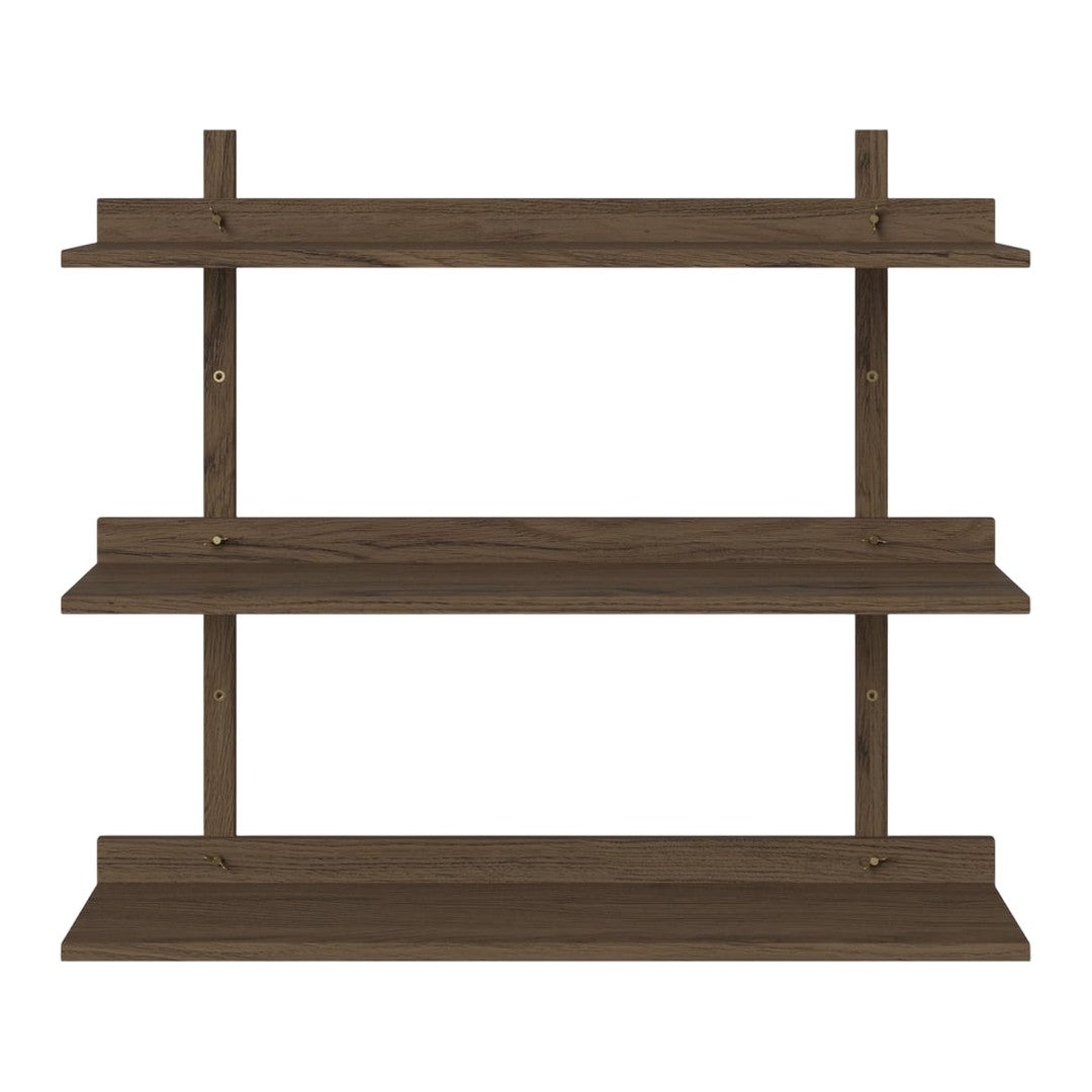 Dark wood three-tier shelf with smooth, matte finish and clean lines, ideal for modern home decor.