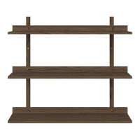 Dark wood three-tier shelf with smooth, matte finish and clean lines, ideal for modern home decor.