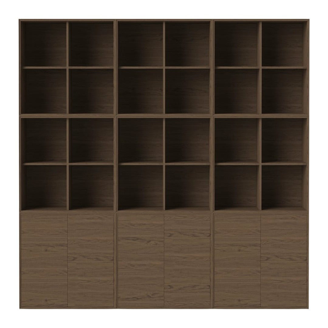 Brown wood shelving unit featuring a grid pattern with multiple open and closed compartments.