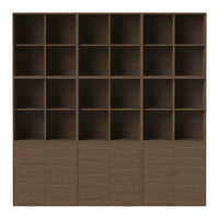 Brown wood shelving unit featuring a grid pattern with multiple open and closed compartments.