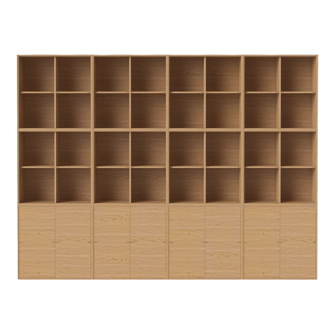 Light wood bookshelf with 20 open cubbies and 6 closed cabinets, featuring a natural, smooth finish. Ideal for modern decor.