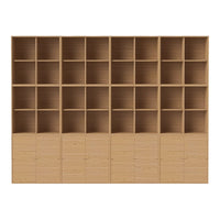 Light wood bookshelf with 20 open cubbies and 6 closed cabinets, featuring a natural, smooth finish. Ideal for modern decor.