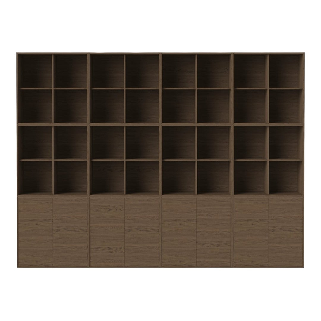 Dark wood bookshelf with a smooth finish, featuring a grid pattern of open and closed cubbies.