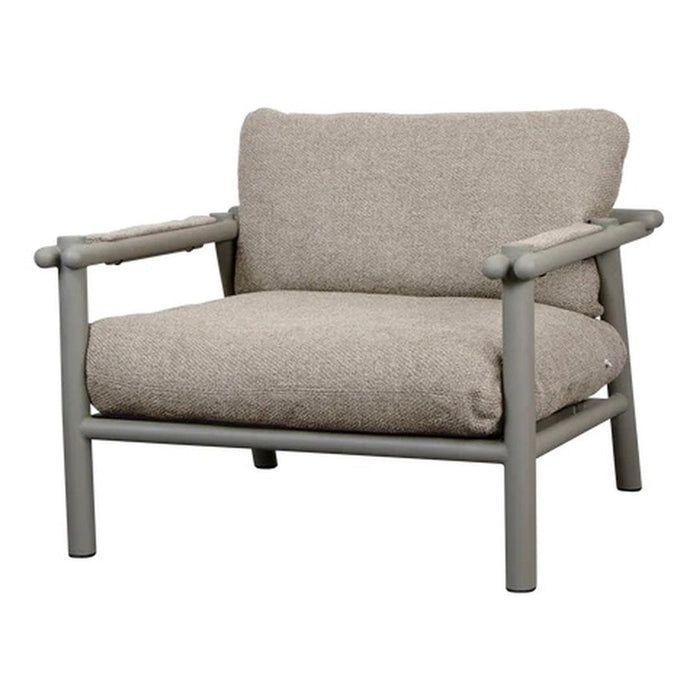 Beige upholstered chair with a gray metal frame, featuring a minimalist design and soft fabric upholstery.