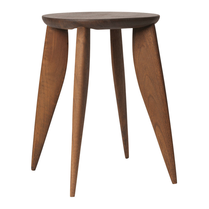 Stylish wooden stool with a rich brown finish and sleek, tapered legs. Modern design with a smooth, circular top.