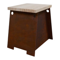 Rustic bronze base with a light wood top. Simple geometric design adds modern charm.