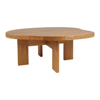 Round wooden coffee table with a smooth, natural oak finish and minimalist design. Perfect for modern decor.
