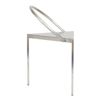 Stylish silver chair with a minimalist design and unique circular backrest. Sleek, modern, and geometric pattern.