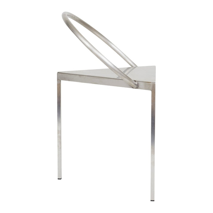 Stylish silver chair with a minimalist design and unique circular backrest. Sleek, modern, and geometric pattern.