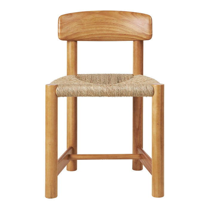 Natural wood chair with a light brown finish and woven straw seat, featuring a simple, modern design.