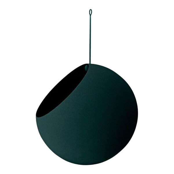 Dark green hanging planter with a smooth, modern surface and a unique asymmetrical design. Ideal for contemporary decor.
