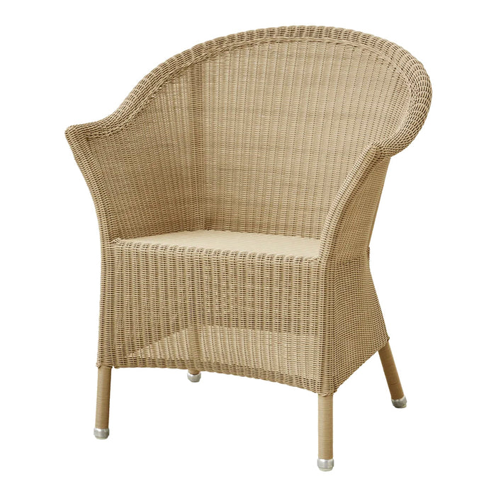 Beige wicker armchair with a curved design and textured pattern, ideal for stylish indoor or outdoor seating.