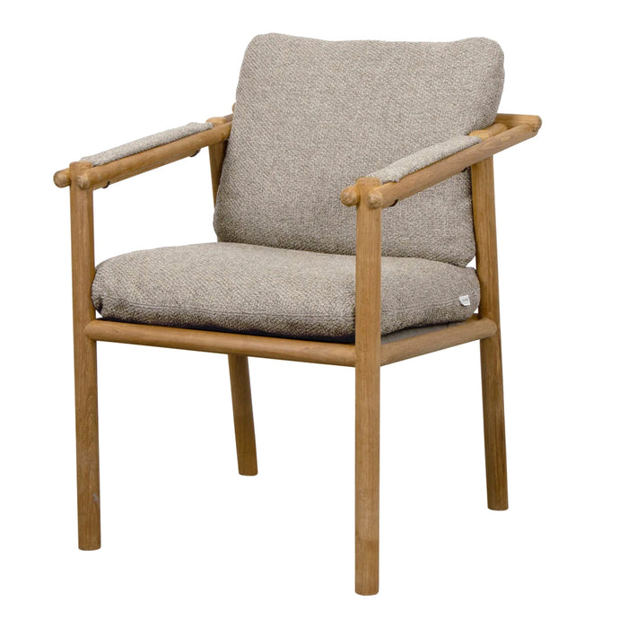 Light beige upholstered chair with wooden frame, featuring a simple, modern design and a neutral color palette.