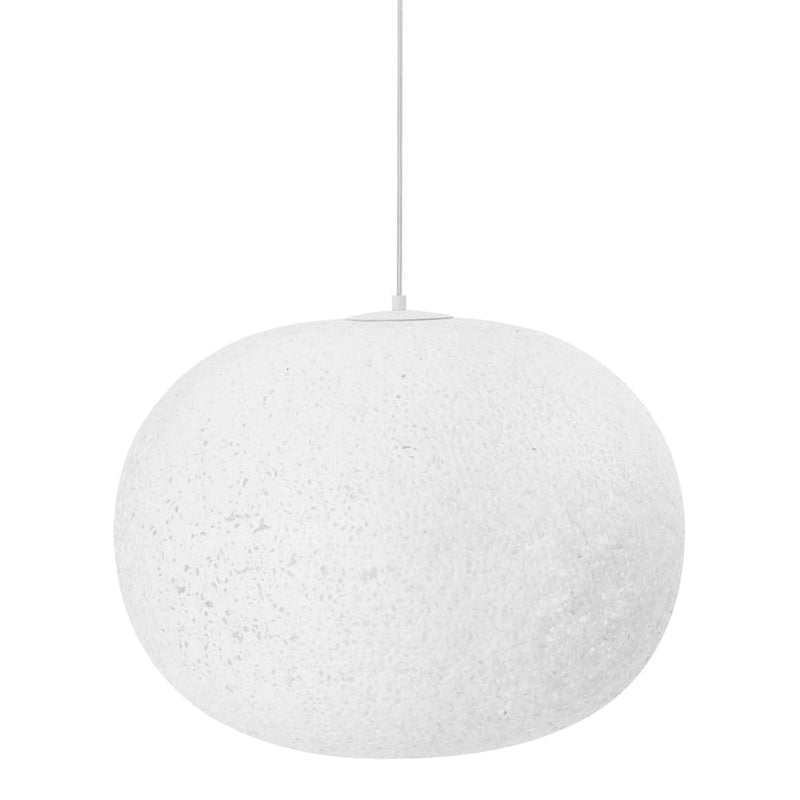 White textured pendant lamp with a smooth, round silhouette, perfect for modern decor.