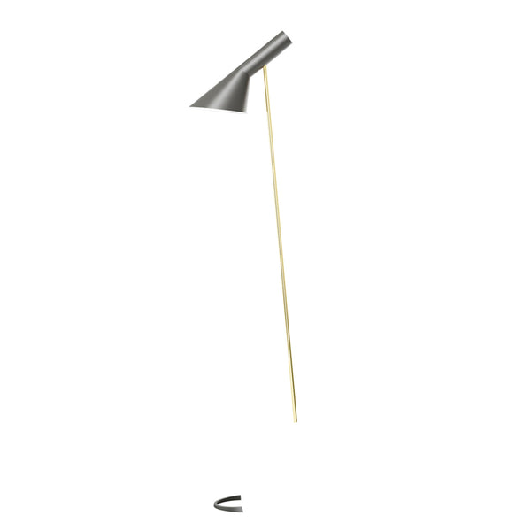 Modern floor lamp featuring a sleek black shade and a stylish brass stand, blending contemporary colors and clean lines.