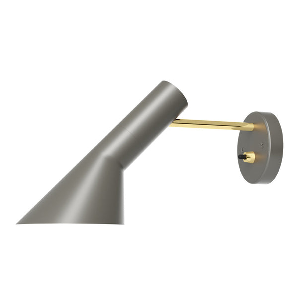 Gray wall lamp with a sleek design and gold accents, featuring smooth finishes and modern lines.