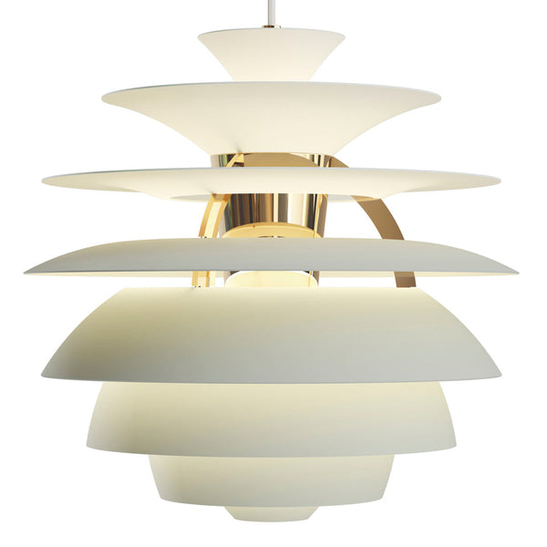 Modern white pendant lamp with layered shades and gold accents, featuring smooth curves and elegant design.