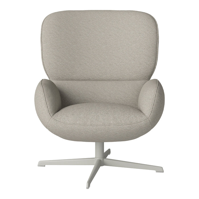 Light beige upholstered chair with a textured pattern and a sleek white base, ideal for modern decor.