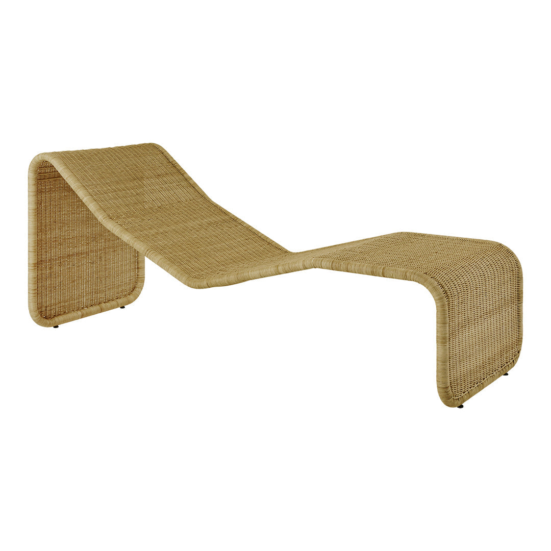 Curved lounge chair in natural woven rattan with a smooth, minimalist design and light beige color.
