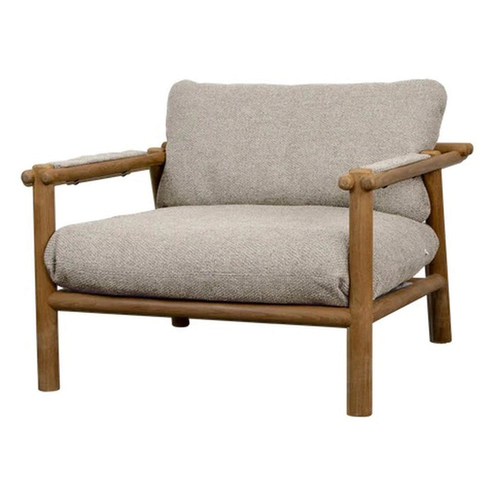 Light gray upholstered chair with a wooden frame, featuring a simple, textured pattern for a modern aesthetic.