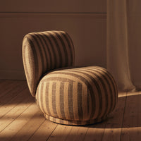 Beige and brown striped fabric accent chair with a rounded design, perfect for modern interiors. 