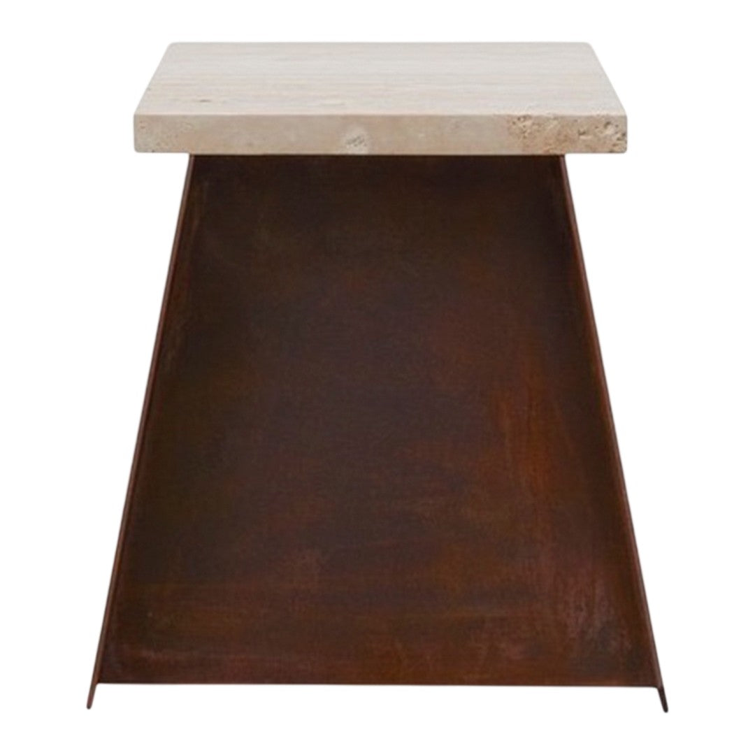 Rustic brown metal base with a smooth beige stone top, featuring clean lines and a modern geometric design.