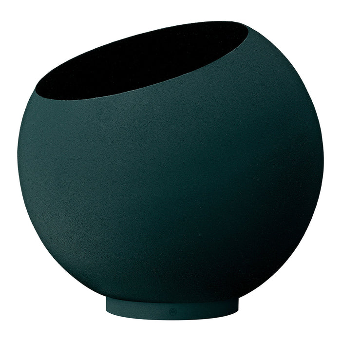 "Dark green matte ceramic vase with a unique asymmetrical opening and smooth texture."