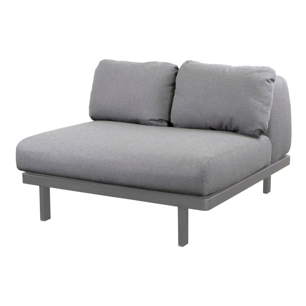 Gray lounge chair with a minimalist design, featuring two plush cushions and a sturdy gray frame.