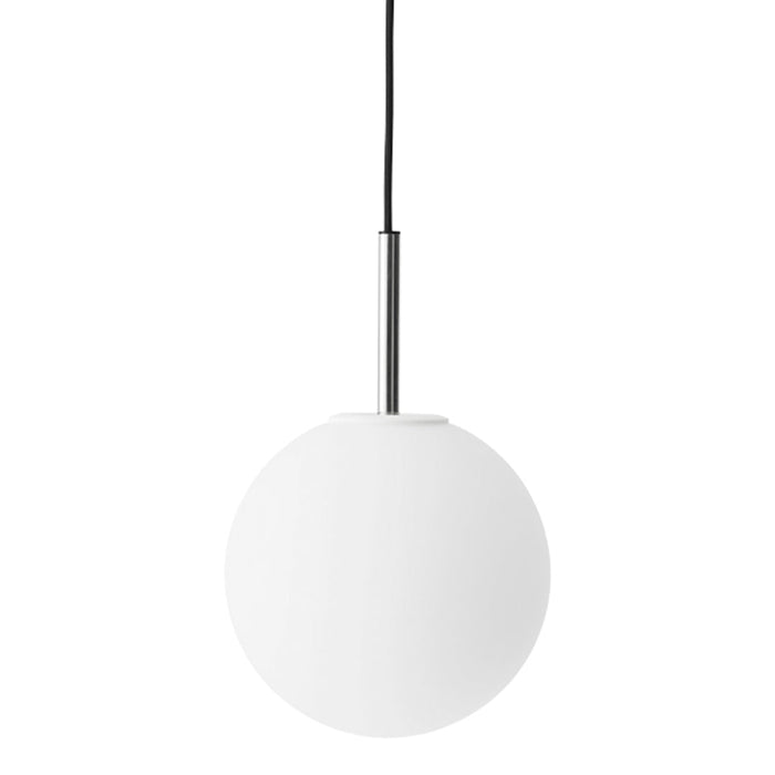 White spherical pendant lamp with a sleek silver accent and a black hanging cord. Minimalist design on a white background.