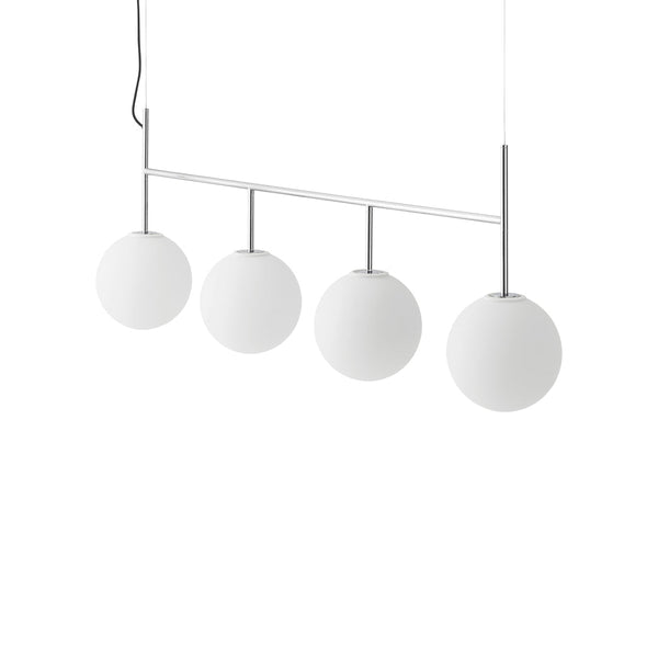 White frosted glass globes on a sleek chrome pendant light, creating a modern and minimalist aesthetic.
