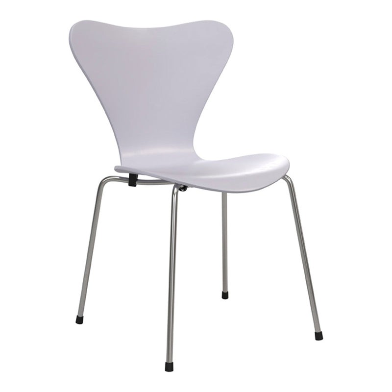 Glossy white chair with sleek chrome legs, featuring a minimalist butterfly design and smooth, curved edges.