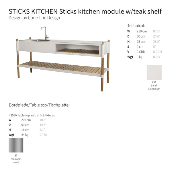 "Modern white kitchen module with a natural teak shelf, featuring clean lines and a minimalist design."