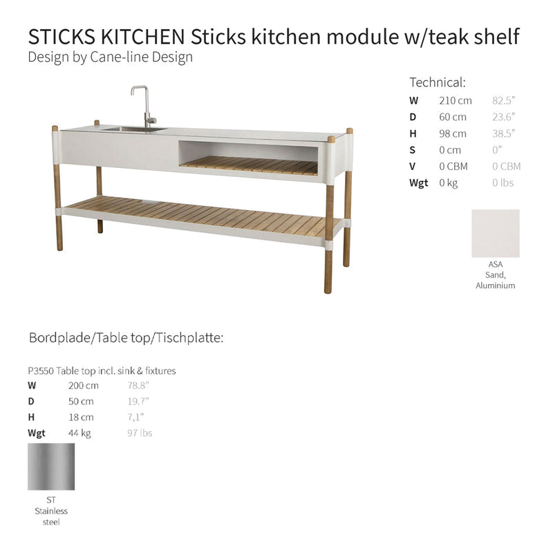 "Modern white kitchen module with a natural teak shelf, featuring clean lines and a minimalist design."