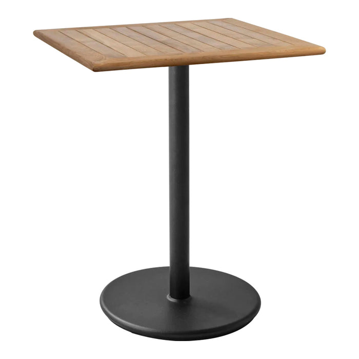Stylish square table with a natural wood grain top and a sleek black metal base. Perfect for modern decor.