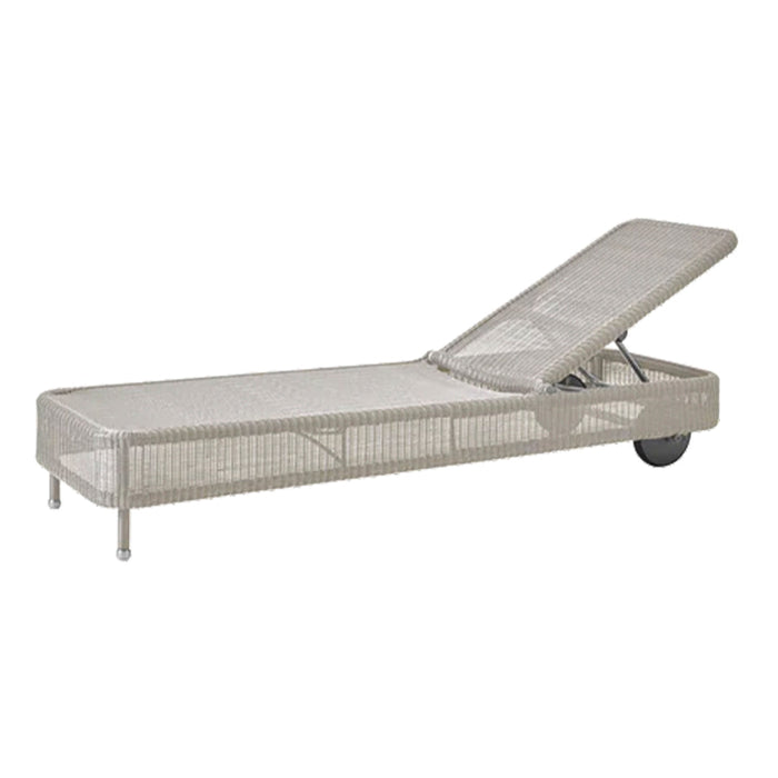 Gray mesh lounge chair with a sleek, modern design and adjustable backrest, perfect for outdoor spaces.