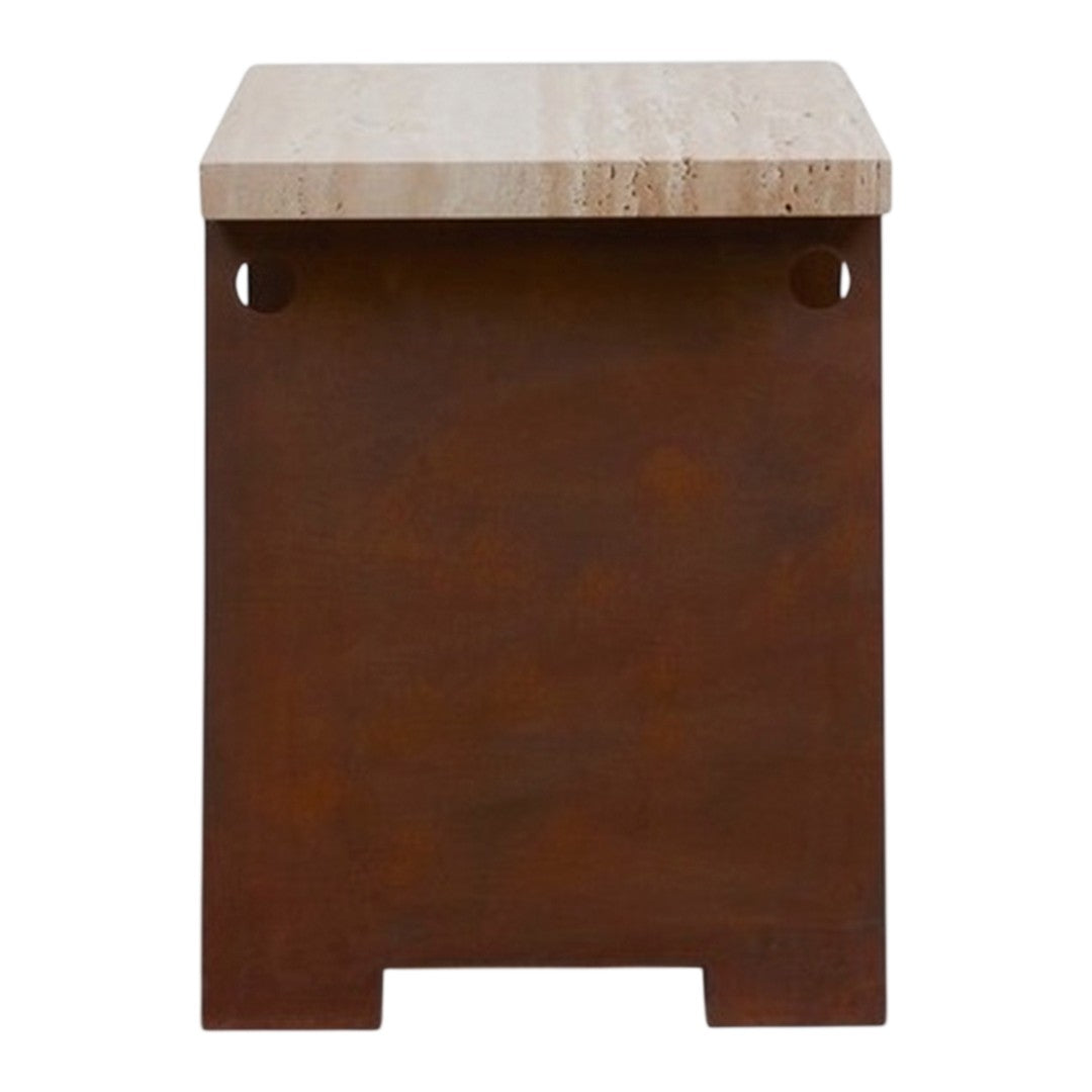 Rustic brown metal base with a light beige stone top, featuring smooth, natural patterns and a modern design.