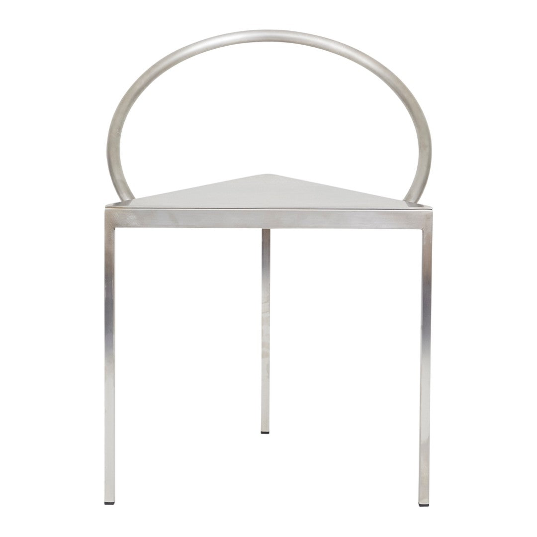 Sleek silver chair with a geometric triangular seat and unique round backrest design. Modern minimalist style.
