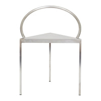 Sleek silver chair with a geometric triangular seat and unique round backrest design. Modern minimalist style.