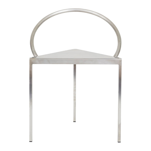 Sleek silver chair with a geometric triangular seat and unique round backrest design. Modern minimalist style.