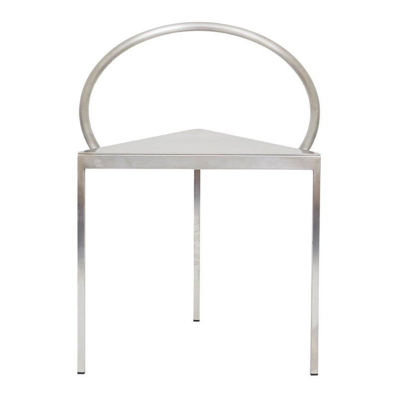 Sleek silver chair with a geometric triangular seat and unique round backrest design. Modern minimalist style.