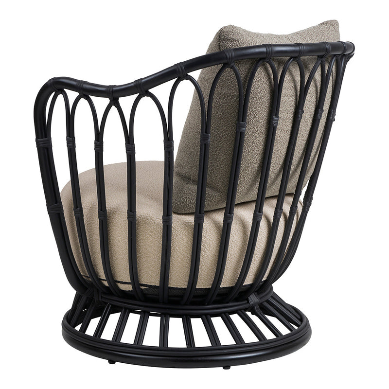 Black rattan chair with a soft beige cushion, featuring a modern, curved design and subtle texture.