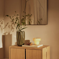 Green vase with leaf pattern, yellow table lamp, wood cabinet, and earthy tones create a warm and inviting ambiance.
