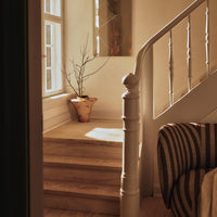 Warm beige tones with striped brown and cream fabric on the couch, accented by natural light and a minimalist vase.