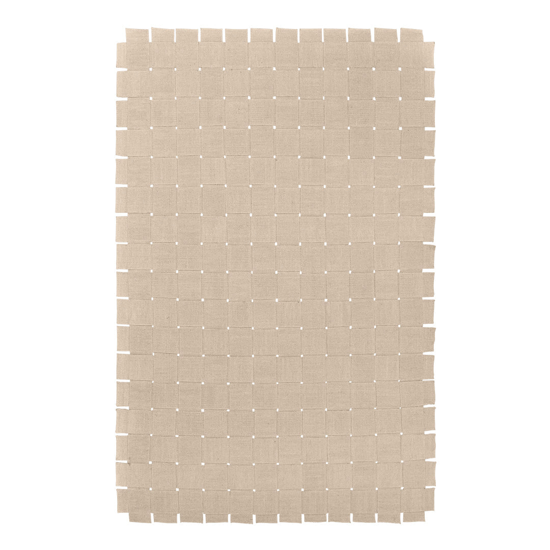 Beige rectangular rug with a simple grid pattern and white stitching throughout. Ideal for modern decor.