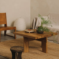 Wooden coffee table with a natural finish, circular patterned centerpiece, and green foliage accent in a neutral-toned room.