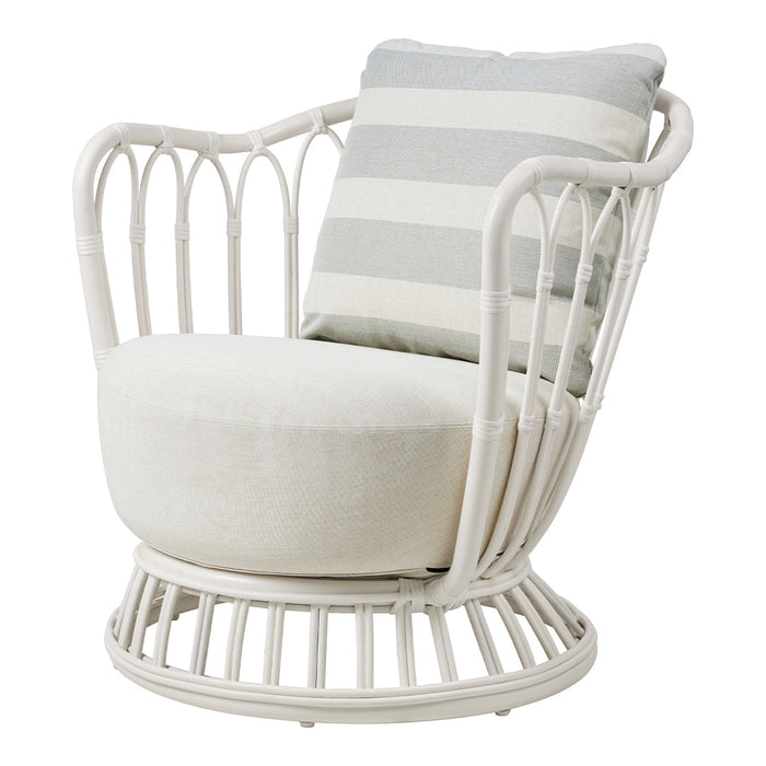 Cream and gray striped cushion on a white woven barrel chair, featuring a soft, neutral base.