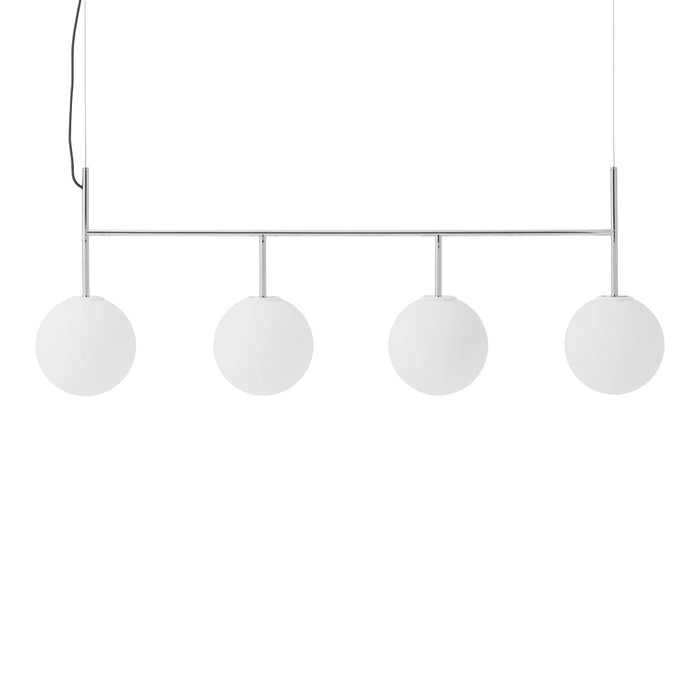 Sleek, modern hanging light fixture with four matte white globe shades on a chrome finish bar. Ideal for contemporary decor.